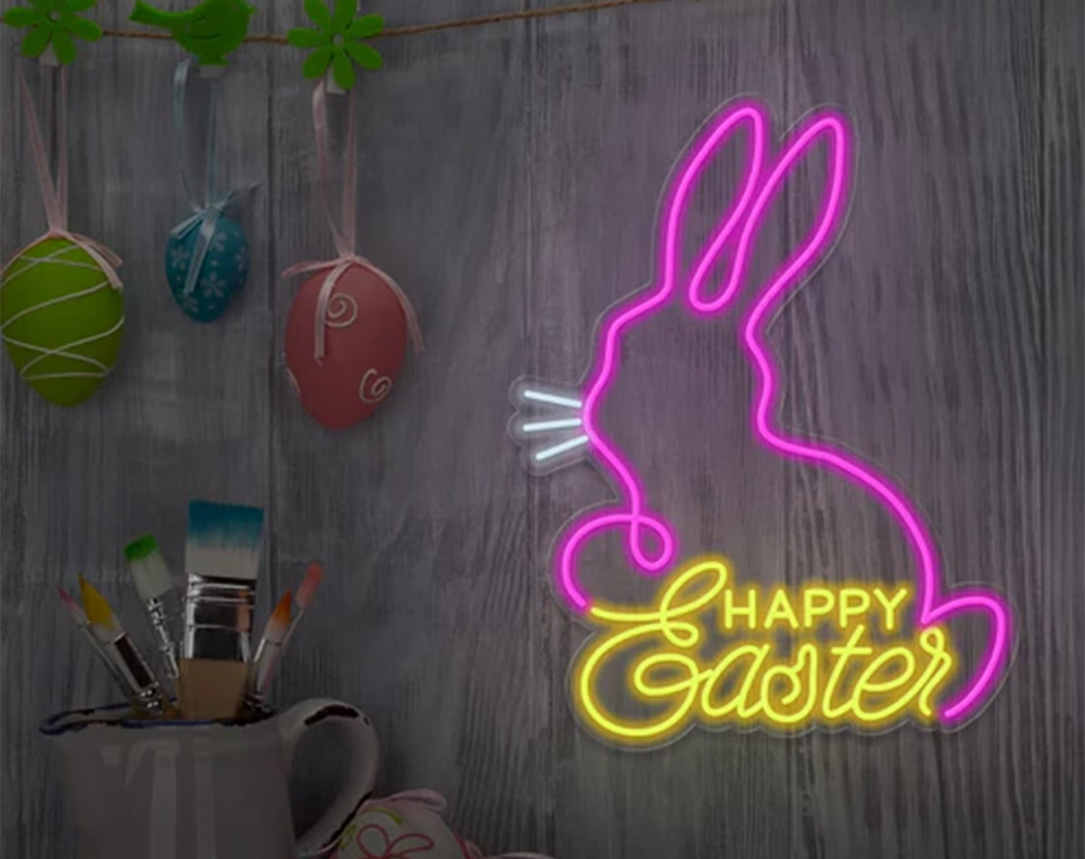 Happy Easter Bunny Neon Sign by manhattanneons.com – Celebrate Easter with this joyful glowing bunny.